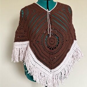 Handmade Brown & Cream Crochet Fringe Poncho